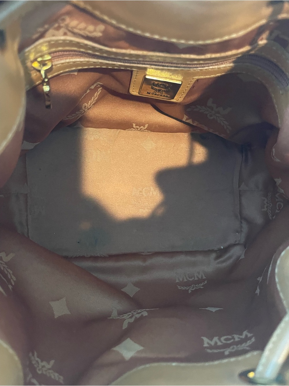 MCM Brown Logo Print Drawstring Bucket Bag w/ Detachable Strap Gold Hardware - Picture 7 of 15